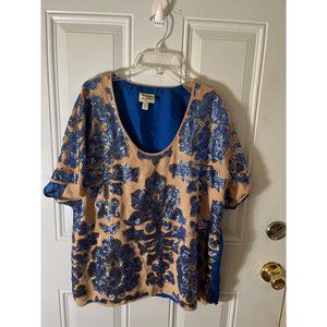 Neiman Marcus Tracy Reese NY blue beige short cap sleeved sequined top size XL